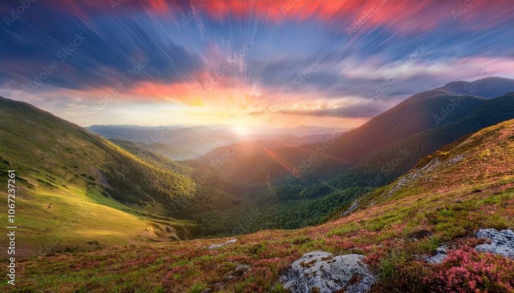 Naklejka premium Waves of light in the mountain valley stretch into the sky