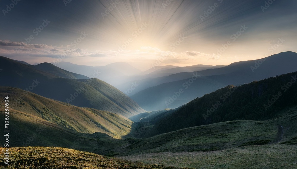 Waves of light in the mountain valley stretch into the sky Waves of light in the mountain valley stretch into the sky