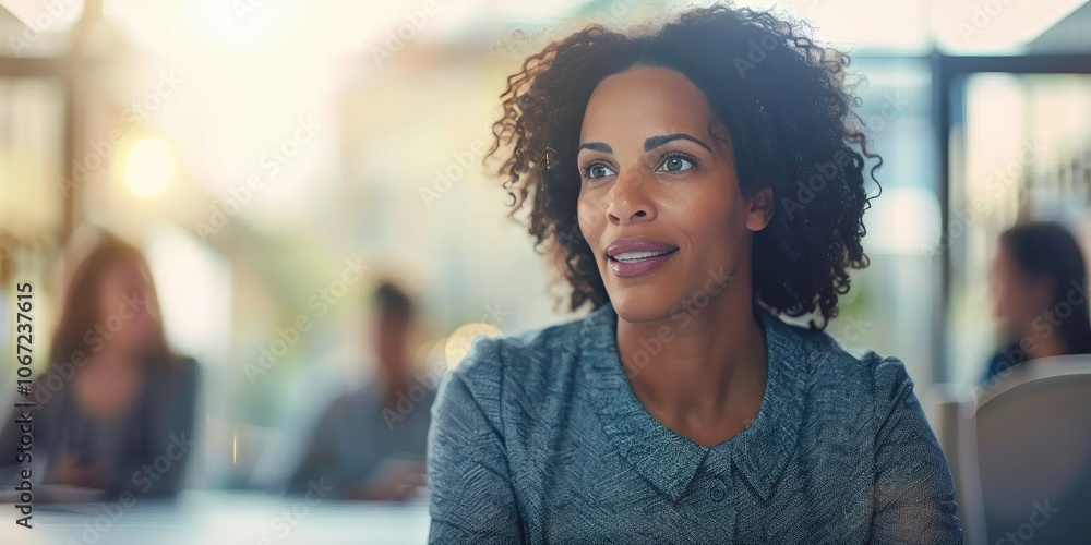 Female business woman interacting with colleagues in a meeting room. Female business woman interacting with colleagues in a meeting room.