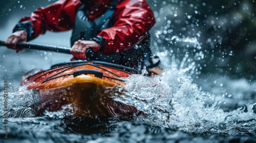 Naklejka premium Para-canoeist paddling, intense focus and water splashing
