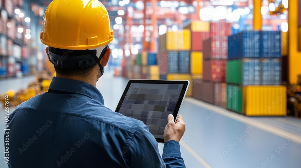 Supervisor managing multimodal shipments on tablet, real-time updates Supervisor managing multimodal shipments on tablet, real-time updates