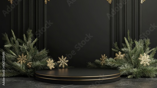 3D-Rendered black and luxry podium with christmas ornaments. xmas stage with black background photo