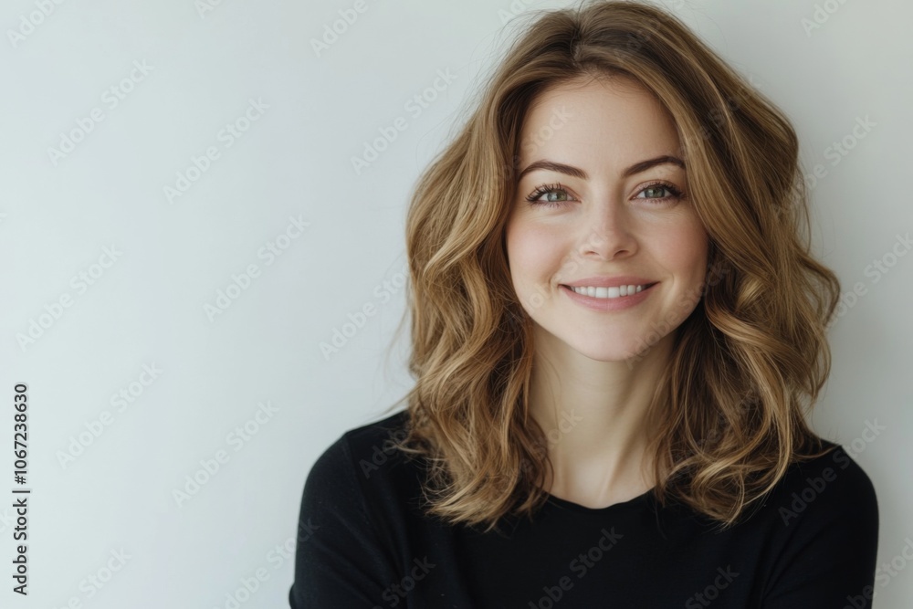 Beautiful Smiling Woman with Wavy Hair on White Background Beautiful Smiling Woman with Wavy Hair on White Background