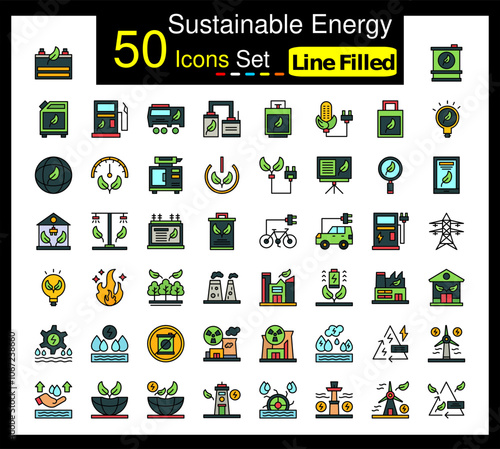 Set of 50 Sustainable Energy icons related to Bio Battery, Biofuel Barrell, Biofuel Can, Biofuel Station Icon collection photo