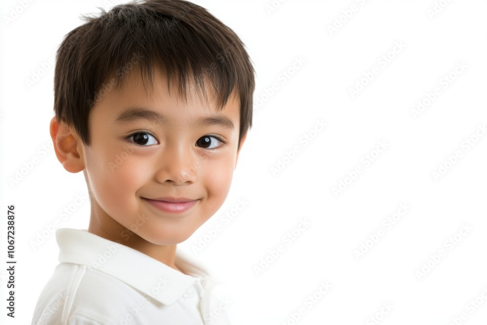 Happy Young Asian Boy in White Shirt Looking at Camera Happy Young Asian Boy in White Shirt Looking at Camera