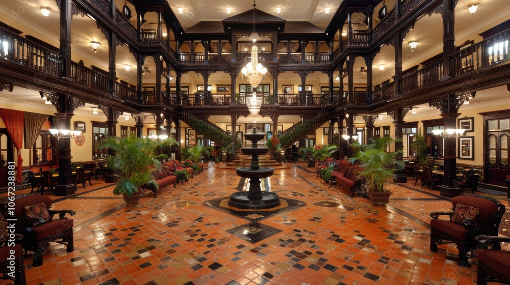 Obraz premium Opulent grand hall with intricate woodwork and elegant chandeliers in an historic architecture masterpiece featuring a central fountain