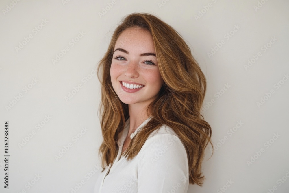 Beautiful Smiling Woman with Wavy Hair on White Background Beautiful Smiling Woman with Wavy Hair on White Background