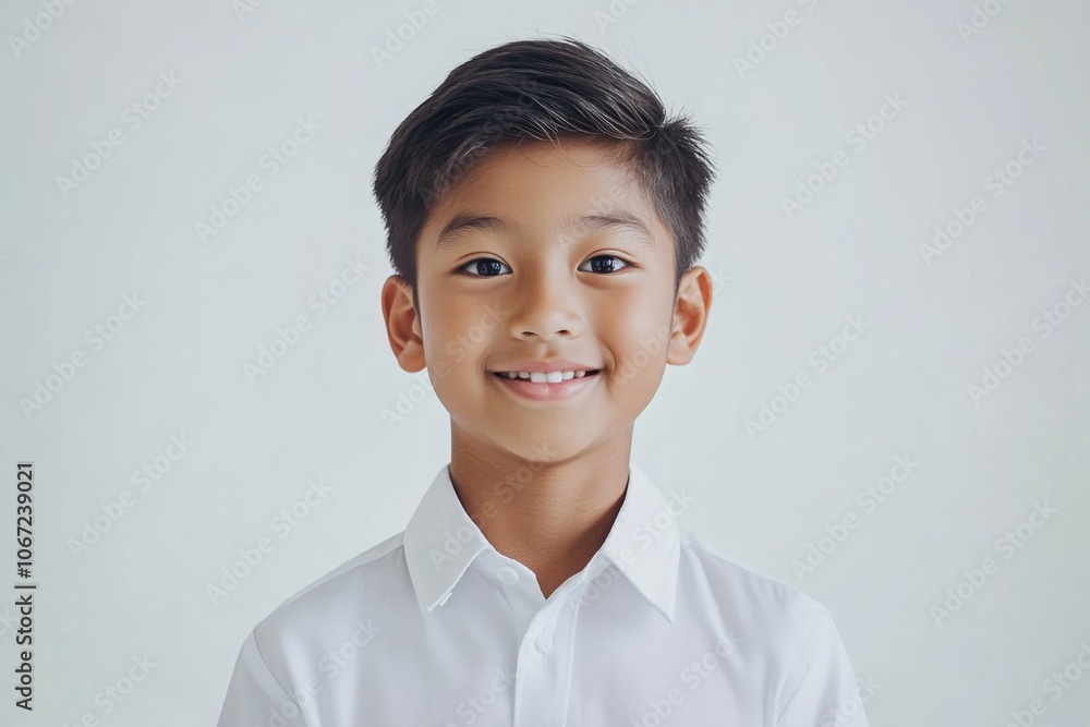 Happy Young Asian Boy in White Shirt Looking at Camera Happy Young Asian Boy in White Shirt Looking at Camera