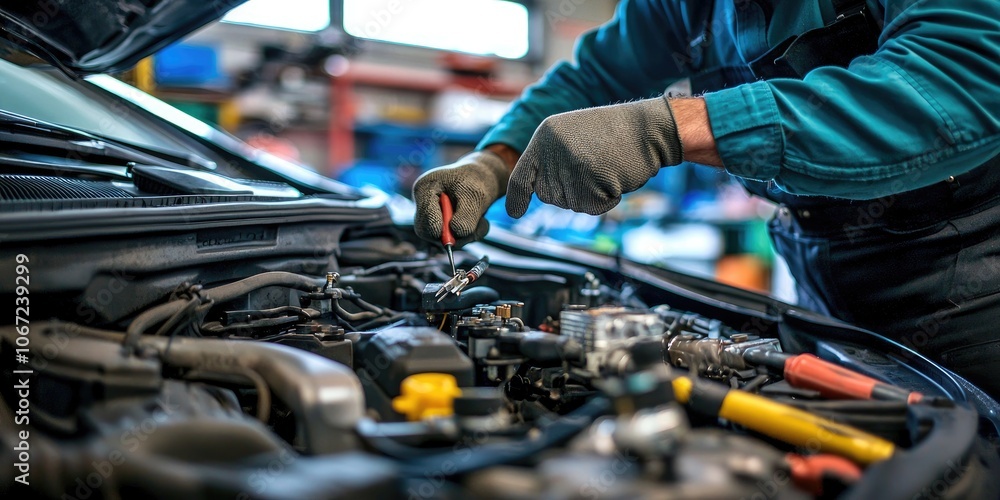 Mechanic working on a car engine in an auto repair shop with tools and parts. Mechanic working on a car engine in an auto repair shop with tools and parts.