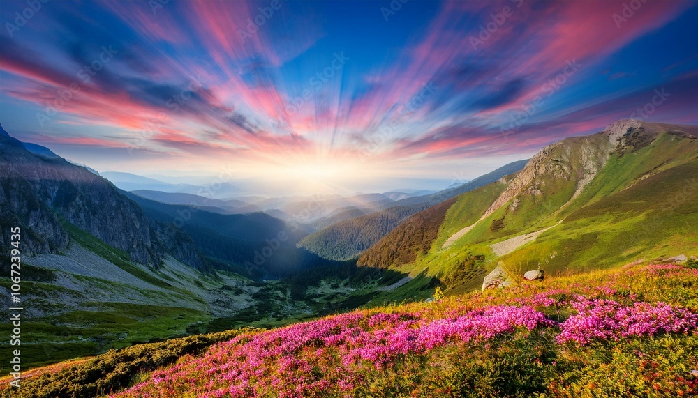 Waves of light in the mountain valley stretch into the sky Waves of light in the mountain valley stretch into the sky