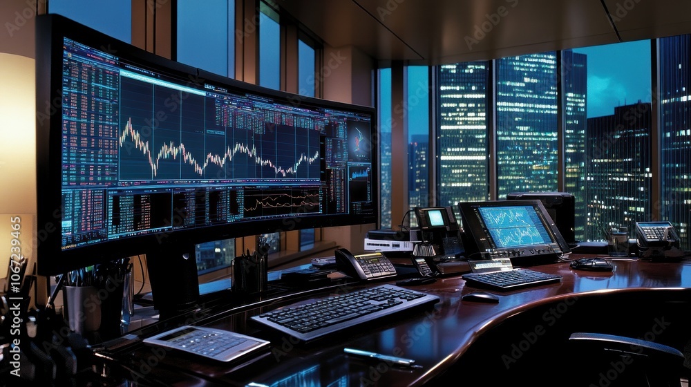 Inside a financial analyst’s office, large monitor with stock charts, sophisticated workstation setup, focused expression Inside a financial analyst’s office, large monitor with stock charts, sophisticated workstation setup, focused expression