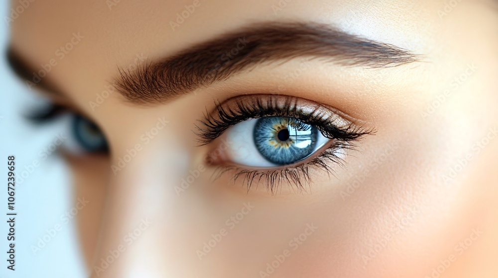 Fototapeta premium A close-up of a stunning blue eye, showcasing detailed eyelashes and well-defined eyebrows, highlighting beauty and emotional depth.