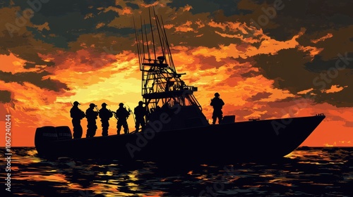 Navy SEALs Fishing Boat - SEALs silhouetted on a boat resembling a fishing vessel, with a glowing sunset adding mystery to the scene. photo