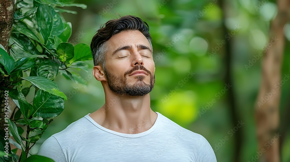 The image captures a man standing peacefully in a lush green forest, his eyes closed and a serene expression on his face as he takes a deep breath in, connecting with the natural world around him
