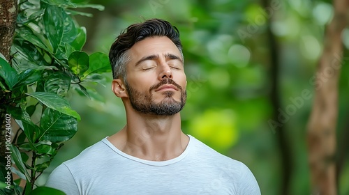 The image captures a man standing peacefully in a lush green forest, his eyes closed and a serene expression on his face as he takes a deep breath in, connecting with the natural world around him