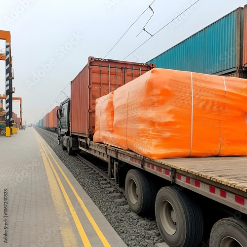 Truck unloading near rail line, smooth logistics transition photo