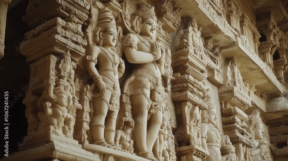 Obraz premium A detailed photograph of the ceiling art in the Vishnu Temple at Khajuraho, showcasing the exquisite craftsmanship and historical importance of the site