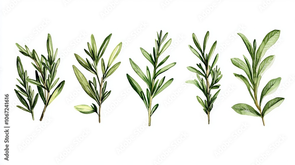 Fototapeta premium A collection of illustrated green herb sprigs for culinary use.