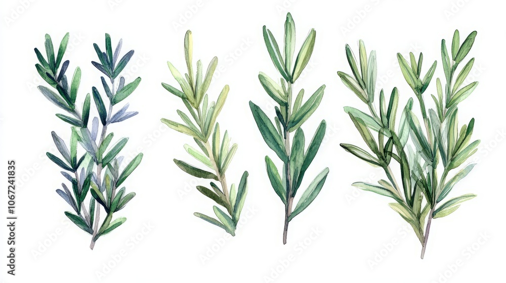Fototapeta premium Watercolor illustration of various green herb sprigs.