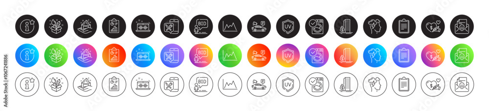 Uv protection, Smile and Mindfulness stress line icons. Round icon gradient buttons. Pack of Buildings, Auction, Social care icon. Creativity, Clipboard, Diagram pictogram. Vector Uv protection, Smile and Mindfulness stress line icons. Round icon gradient buttons. Pack of Buildings, Auction, Social care icon. Creativity, Clipboard, Diagram pictogram. Vector