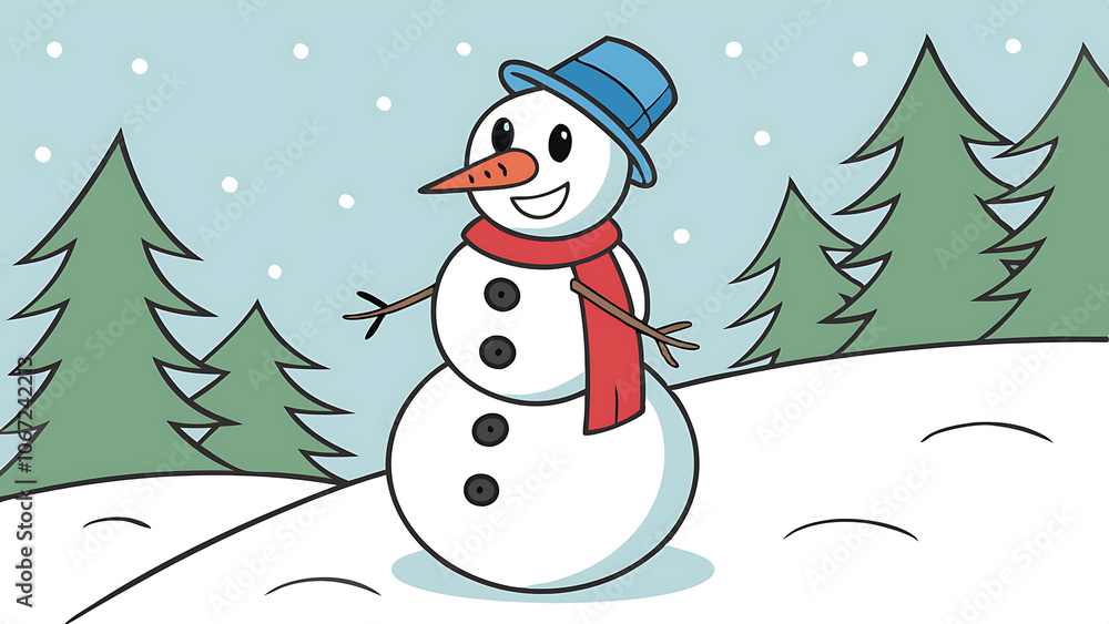 Smiling snowman wearing hat and scarf vector illustration. Smiling snowman wearing hat and scarf vector illustration.