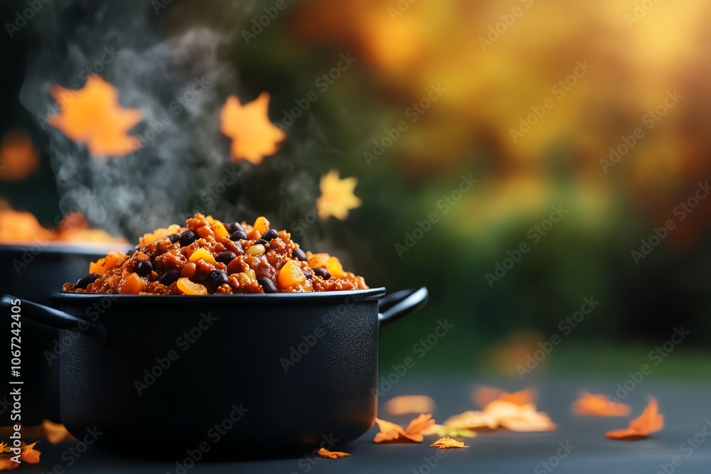 Pumpkin and black bean chili in mini cauldrons, Halloween comfort food, moody vibe, warm tones Pumpkin and black bean chili in mini cauldrons, Halloween comfort food, moody vibe, warm tones