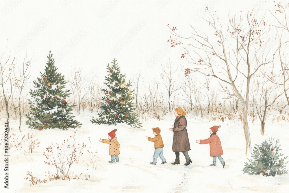 Family enjoying winter walk near decorated christmas trees in snowy forest Family enjoying winter walk near decorated christmas trees in snowy forest