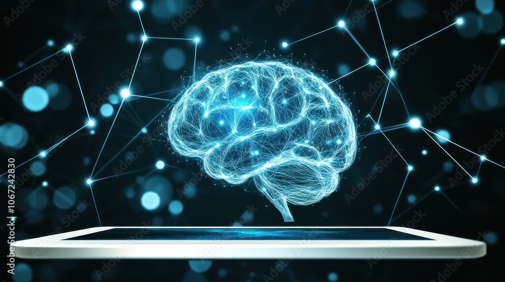 A glowing blue brain hologram emerging from a tablet, symbolizing artificial intelligence, data processing, and advanced technology concepts.