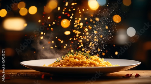 Pumpkin risotto with parmesan and thyme, served on a modern white plate, gourmet cuisine, ItalianAmerican fusion photo