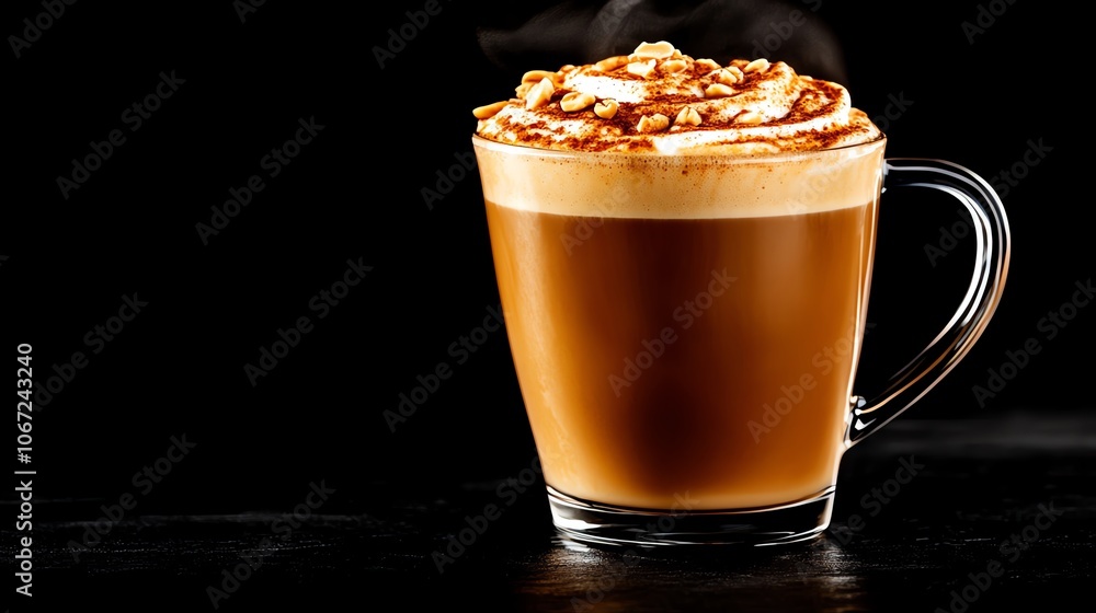 Pumpkin spice almond milk latte in a clear glass with foam art, vegan drink, plantbased fall latte Pumpkin spice almond milk latte in a clear glass with foam art, vegan drink, plantbased fall latte