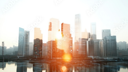 A panoramic view of modern skyscrapers reflecting sunlight at dusk, creating a stunning city skyline over a tranquil water body.