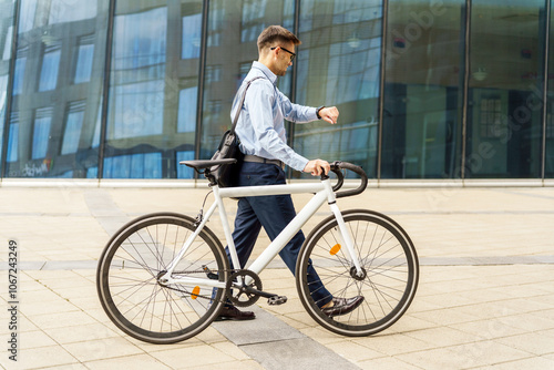 Businessman Checks the Time While Walking Next to His Bicycle in an Urban Setting During Daylight Hours