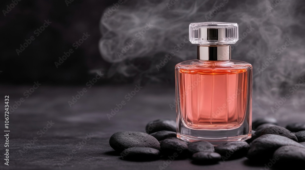 Elegant Perfume Bottle Amidst Steaming Black Stones – A Blend of Aromatic Luxury and Tranquil Zen Ambiance Elegant Perfume Bottle Amidst Steaming Black Stones – A Blend of Aromatic Luxury and Tranquil Zen Ambiance