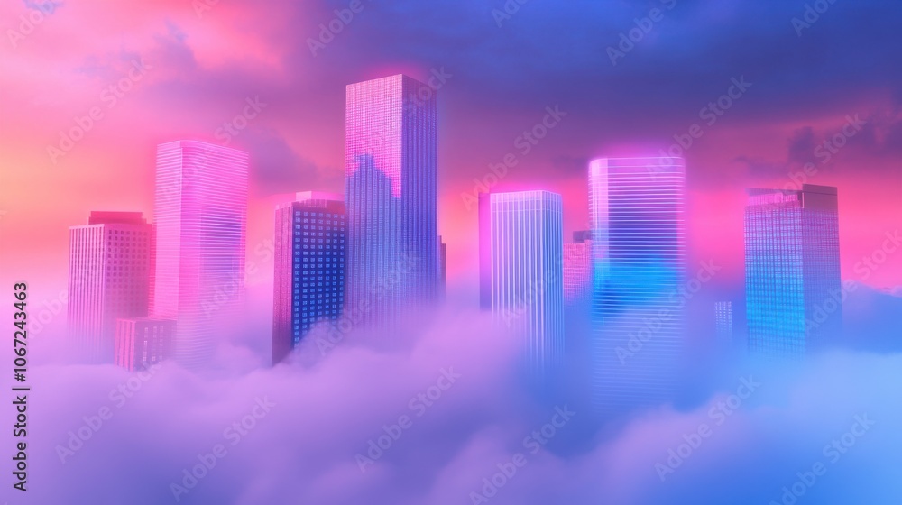A vibrant skyline emerging from colorful clouds at dusk, showcasing modern skyscrapers with soft pastel hues, creating a dreamlike atmosphere. A vibrant skyline emerging from colorful clouds at dusk, showcasing modern skyscrapers with soft pastel hues, creating a dreamlike atmosphere.