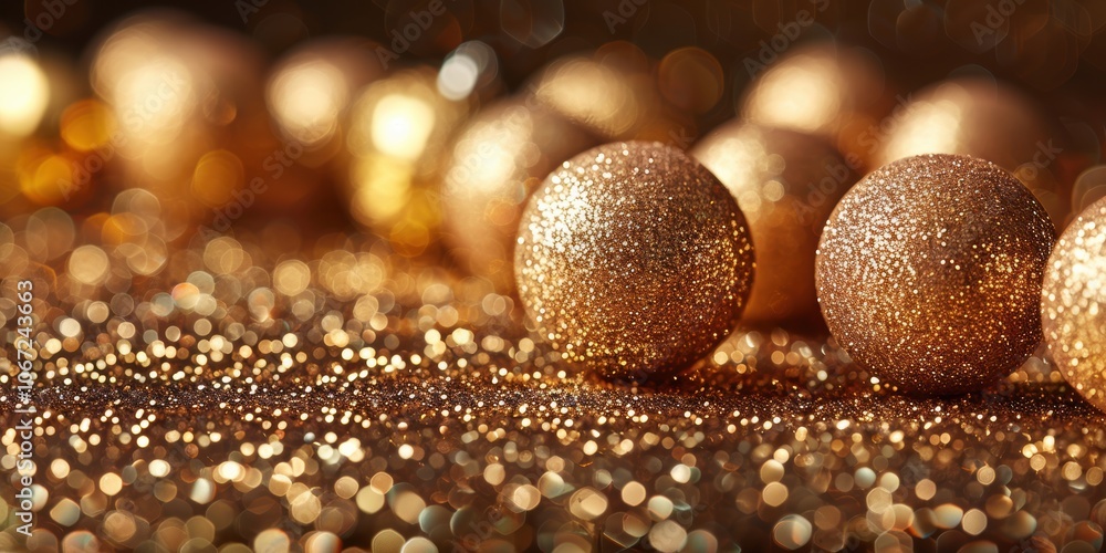 A mesmerizing close-up image showcasing a collection of sparkling, glittery golden spheres on a glittery backdrop, creating a festive and luxurious atmosphere A mesmerizing close-up image showcasing a collection of sparkling, glittery golden spheres on a glittery backdrop, creating a festive and luxurious atmosphere