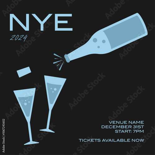 New years Eve card, poster and social media post, NYE, mid century style.