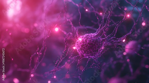 3D neuron with glowing pink-purple strands showing brain connectivity.