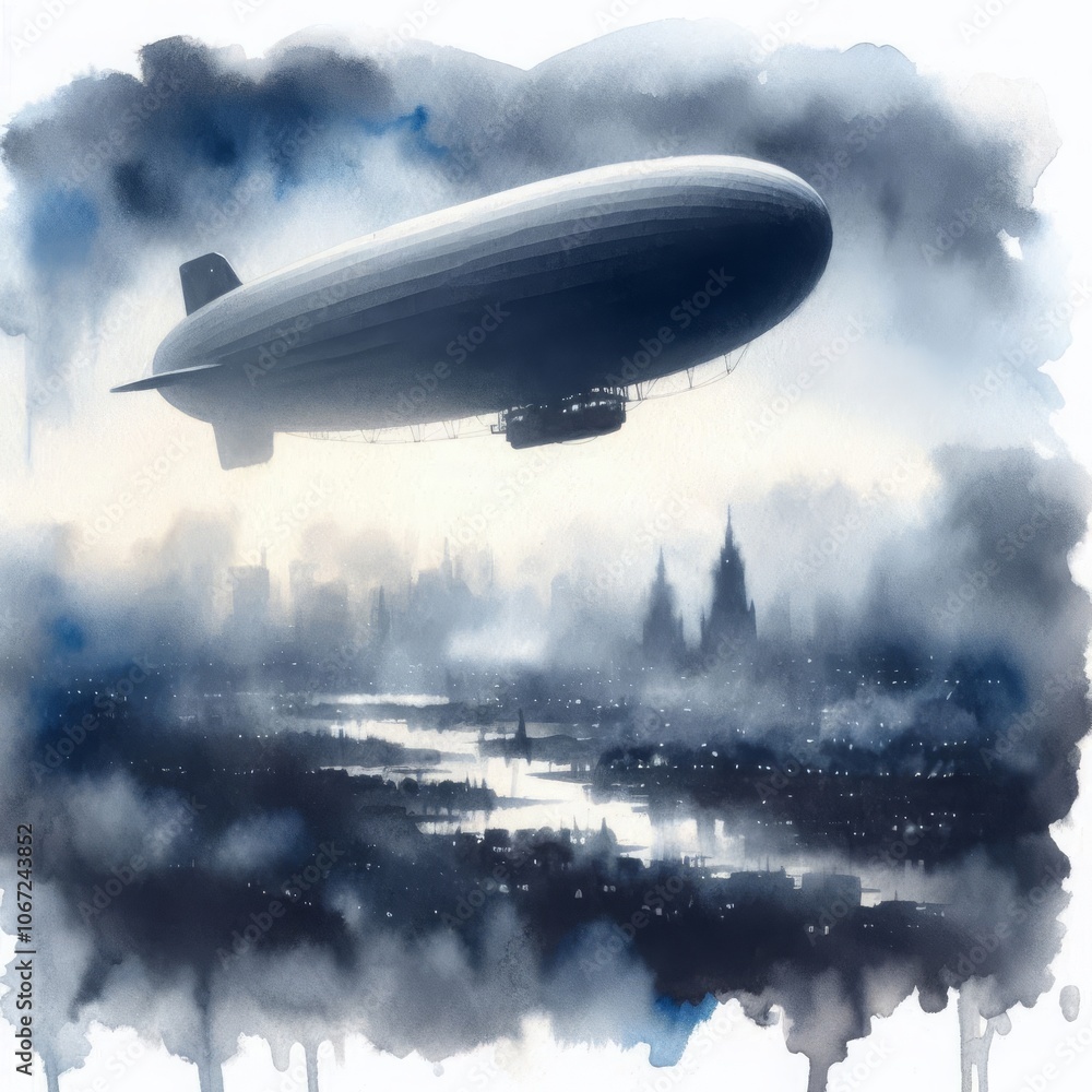 Dirigible Above Cityscape at Night Dirigible Above Cityscape at Night