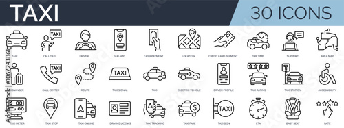 Set of 30 outline icons related to taxi. Linear icon collection. Editable stroke. Vector illustration