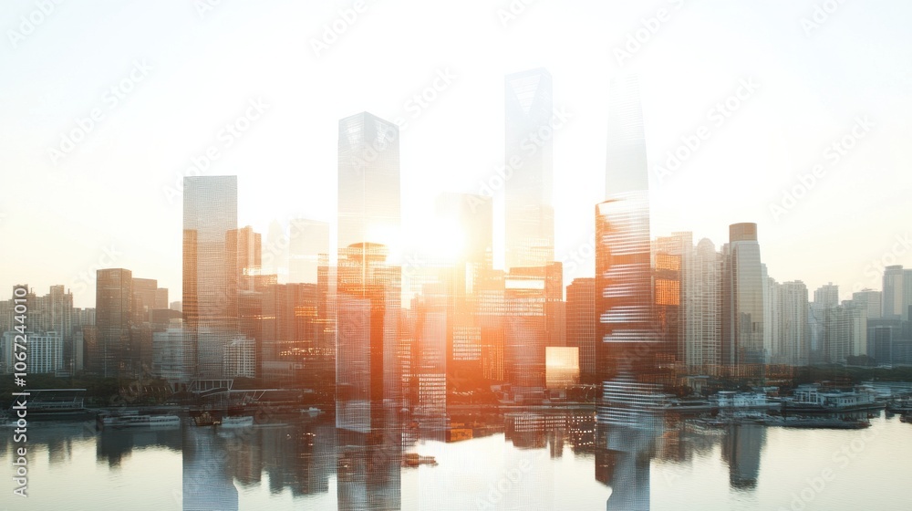 Stunning city skyline at sunset, featuring tall skyscrapers reflecting warm light over the water, showcasing modern urban architecture. Stunning city skyline at sunset, featuring tall skyscrapers reflecting warm light over the water, showcasing modern urban architecture.