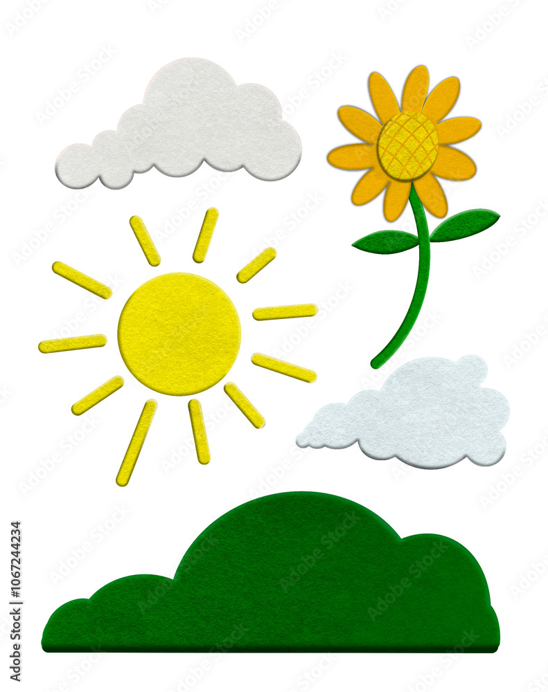 Sun, cloud, sun flower and green hill illustration for children book