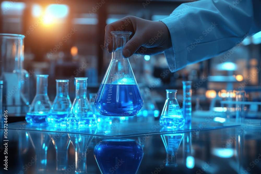 Scientist holding Erlenmeyer flask with blue liquid, laboratory close-up Scientist holding Erlenmeyer flask with blue liquid, laboratory close-up