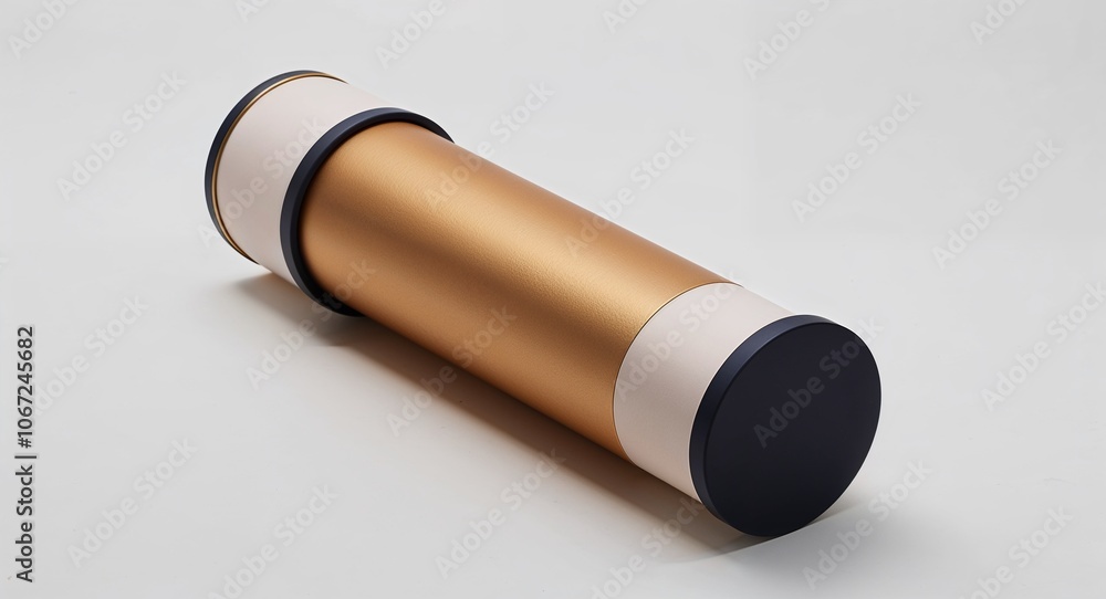 Tube shaped box with contrasting lid and bottom details on plain white background Tube shaped box with contrasting lid and bottom details on plain white background