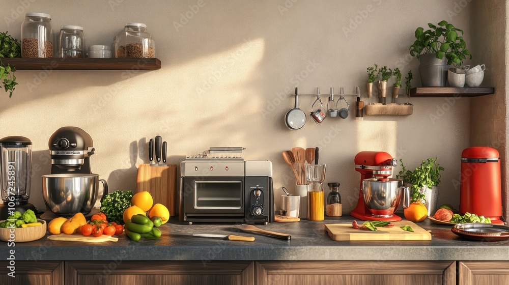 A vibrant kitchen scene with appliances, fresh produce, and cooking utensils. A vibrant kitchen scene with appliances, fresh produce, and cooking utensils.