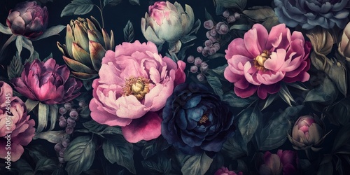 Fototapeta Naklejka Na Ścianę i Meble -  Dark moody peonies artichoke peony illustration.