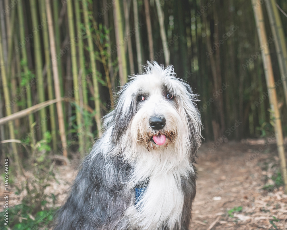 Old English Sheepdog Sitting in Bamboo Forest Old English Sheepdog Sitting in Bamboo Forest