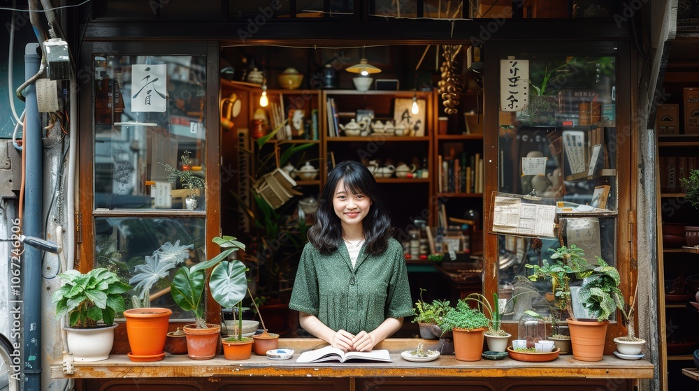 A young woman stands inside a quaint, cozy shop filled with potted plants, books, and a delightful assortment of curiosities on display A young woman stands inside a quaint, cozy shop filled with potted plants, books, and a delightful assortment of curiosities on display