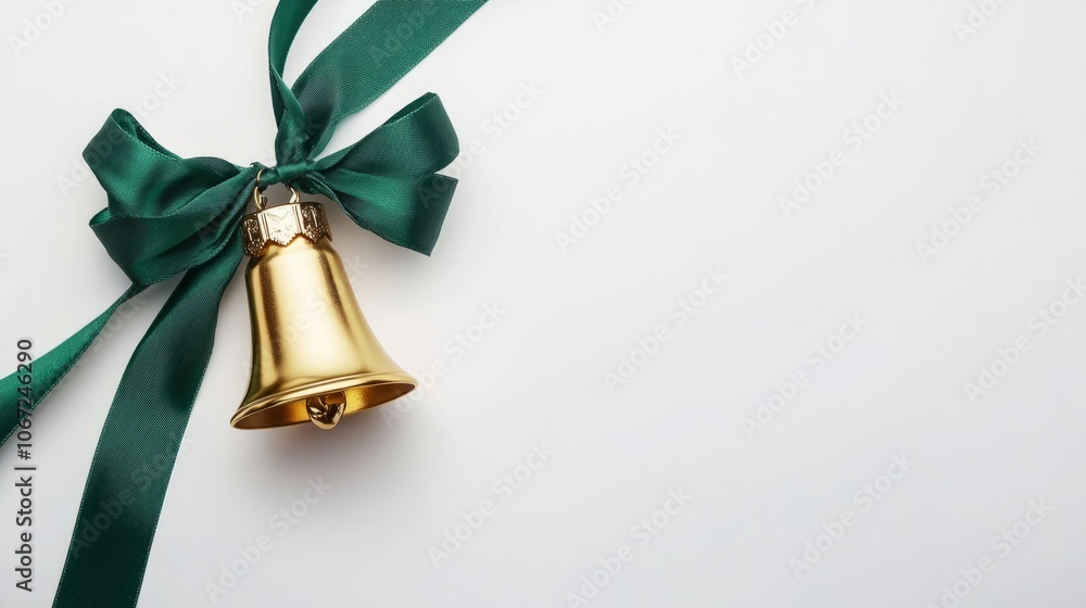 gold christmas bell with green ribbon isolated on white gold christmas bell with green ribbon isolated on white