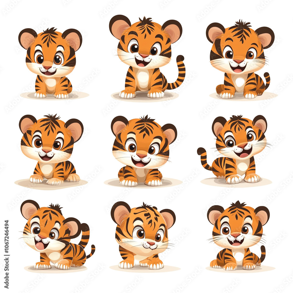 Obraz premium Cute Tiger Cubs Cartoon Illustration