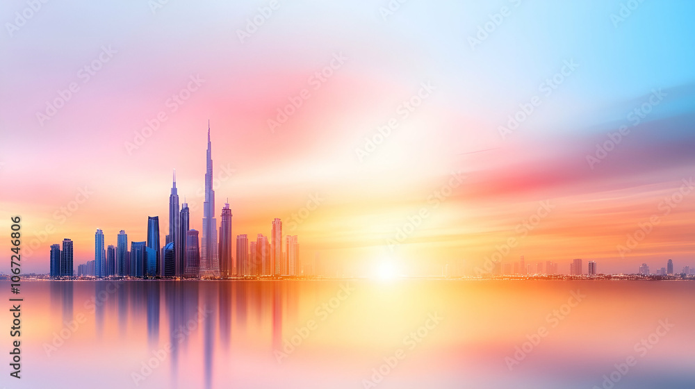 Dubai skyline in desert at sunset Dubai skyline in desert at sunset